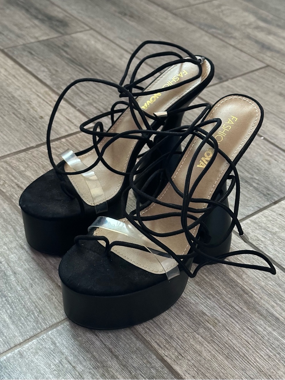Fashion Nova "Sweet Tooth" Black Platform Lace Up Wrap Heels - Size US 8